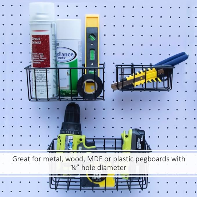 Heavy Duty Peg Board Hook Baskets for ¼ Pegboard Holes, Set of 3 Black Wire Baskets, Extra Thick Metal Fit Snugly in Pegboard