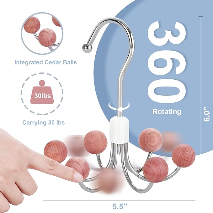 TOPIA HANGER Hoodie Hangers 2-Pack with 6 Cedar Balls, 360°Swivel Purse Hanger, Scarf Hanger, Closet Hooks, Handbag Organizer