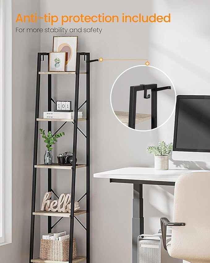 Hzuaneri Ladder Shelf, Bookshelf Bookcase, Freestanding Corner Storage Shelve with 2 Hooks for Home Office, Living Room, Kitc