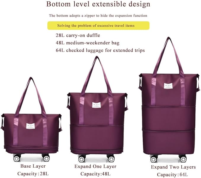 Expandable Foldable Duffel Bag with Detachable Wheels, 64L Large Capacity Rolling Travel Duffle Bag, Lightweight Carry on Luggage with Spinner Wheels, Weekend Gym Tote Bag (Deep Purple)
