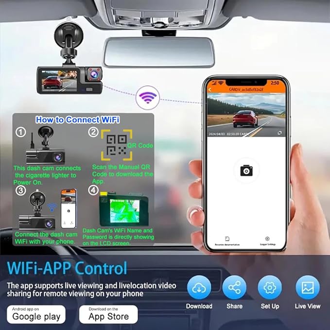 WiFi 1080P 3 Channel Dash Camera for Car Front and Inside Dashcam Car Security Video Recorder,170°Wide Angle Vehicle Cam,WDR,
