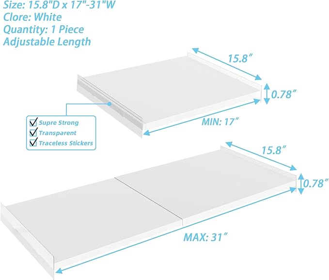 Expandable Closet Organizer Shelves, 1 Pack Adjustable Metal Storage Shelves Divider for Wardrobe Cupboard Kitchen (White,15.