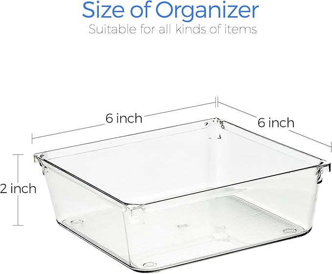 Ravinte 6 Pack Drawer Organizer - 6" X 6" Plastic Storage Bins, Acrylic Organizers with Non-Slip Pads Clear Desk Storage Tray