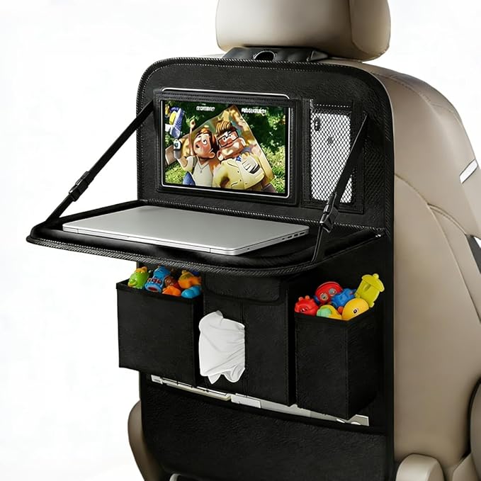 Car Seat Organizers,Multi-functional Back Seat Protectors, Storage Pouches, and Tray Holders (for Cars, Kids, Seat Back and Rear Seats) (Plain Black, 1 Pcs)