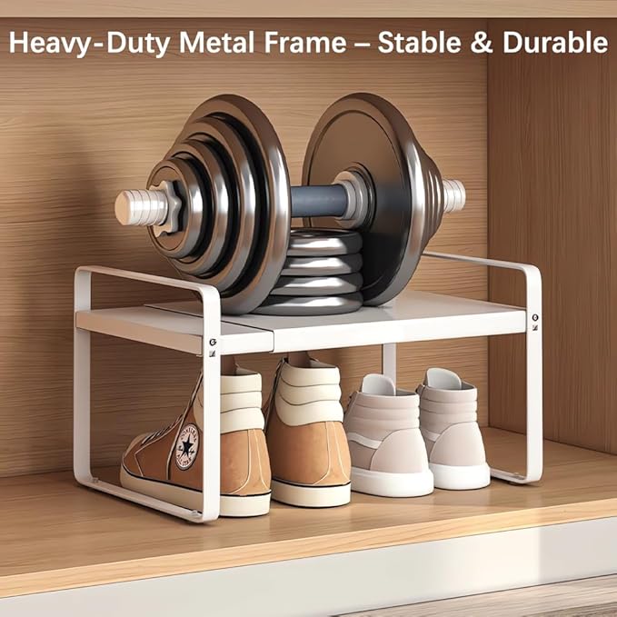 Expandable 1-Tier Metal Shoe Rack (H:7"), Adjustable Width 14.9"–23.6", Heavy-Duty Free-Standing Shoe Shelf for Closet, Entry
