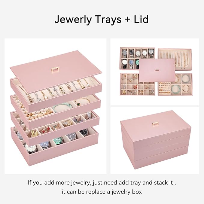 Voova Stackable Jewelry Organizer Tray with Lid, PU Leather Jewelry Storage Holder for Drawer Inserts, Jewellery Display Box 
