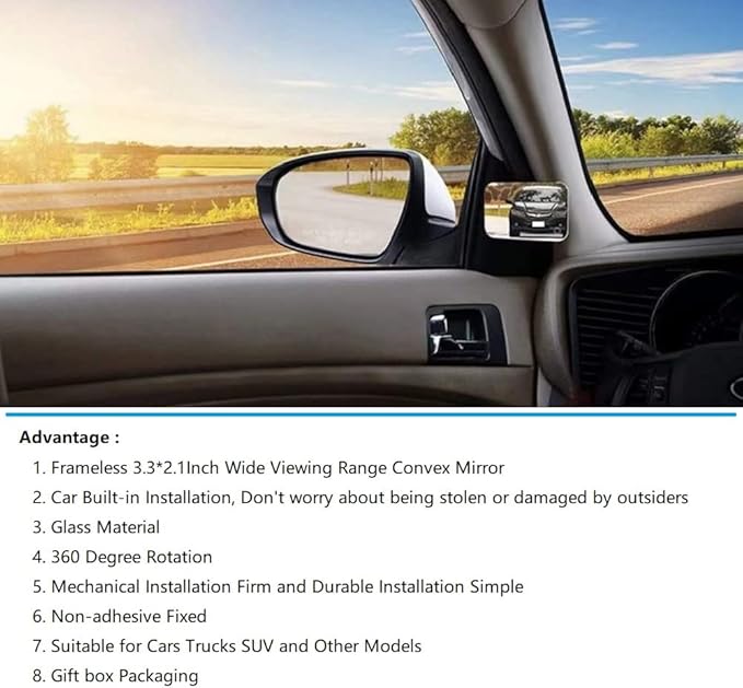 Blind Spot Mirror,Car Built-in Installation Glass Material 360 Degree Rotation Frameless 3.3 * 2.1Inch Convex Mirror Mechanical Installation Firm and Durable Installation Simple Gift box Packaging