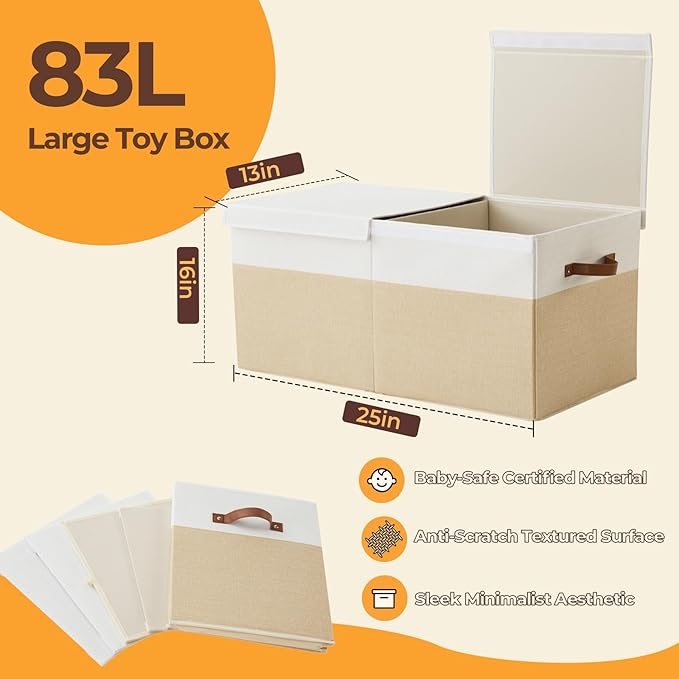 Large Toy Box,83L Foldable Sturdy Toy Storage with Lid,25"x13"x16" Kids Storage Organizer,Toy Chest for Boys&Girls, for Livin