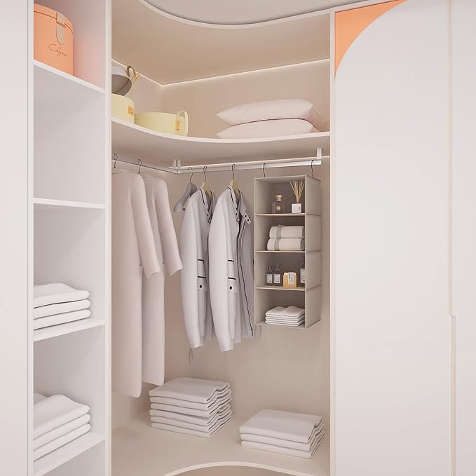 Hanging Closet Organizer and Storage, Foldable 4-Shelf Wardrobe Clothes Shelves Organizer, Imitation Linen Fabric, Beige Houn
