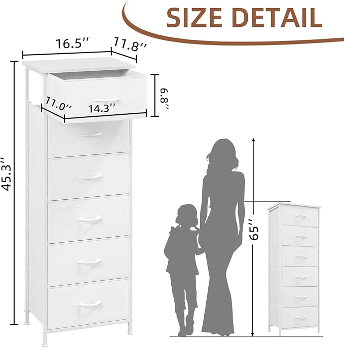 Somdot Tall Dresser for Bedroom with 6 Drawers, Storage Organizer Chest of Drawers with Removable Fabric Bins for Closet Beds