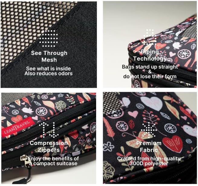 LeanTravel Premium Compression Packing Cubes for Travel - Suitcase Organizer Bags with Double Zipper & Breathable Mesh Panel 