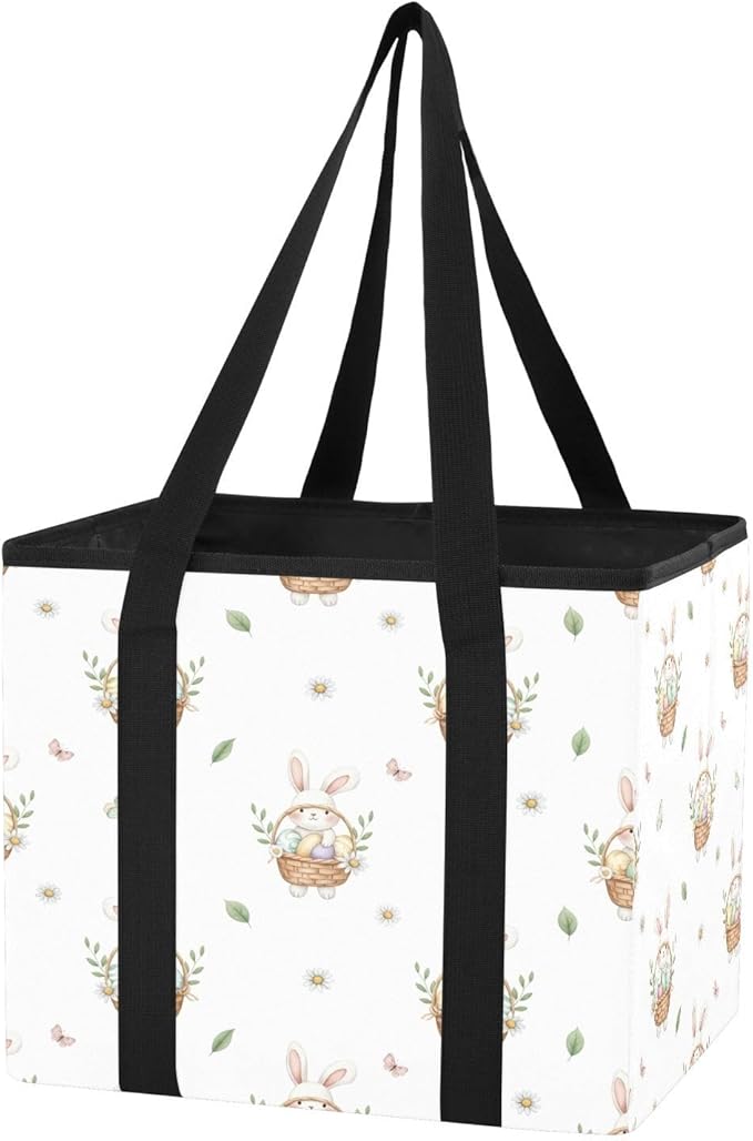 Bunny Easter Reusable Grocery Bags Large Shopping Tote Bag with Reinforced Bottom Board, Water Resistant Foldable Storage Bag