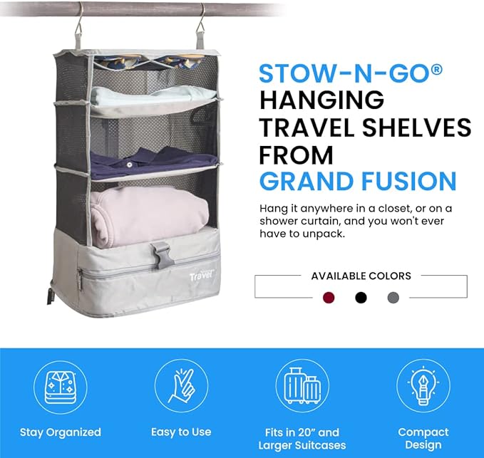 Grand Fusion Stow-N-Go Portable Hanging Travel Shelves, Packing Organizer for Luggage. Carry on Closet with Hanger for Clothe