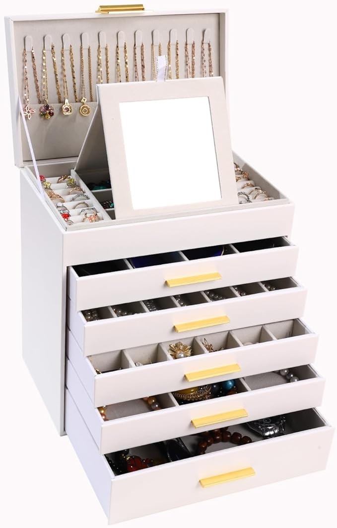 BOOVO Jewelry Boxes for Women, White and Black 6 Layer Large Jewelry Box for Necklace, Bracelet, Earrings, Rings Storage, Jew