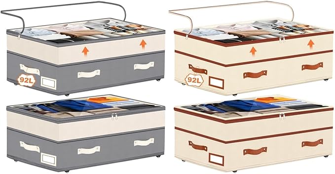 Dolicer 4 Pack 92L Under Bed Storage with Wheels, 6in-10in Height Adjustable Underbed Storage Containers (Grey & Beige)