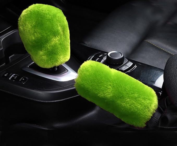 U&M 3 Pcs Set Fluffy Genuine Sheepskin Car Steering Wheel Cover with Handbrake Cover & Gear Shift Cover Fuzzy Wool Fur Soft Warm Winter (Green Frog, Shearling Wool)