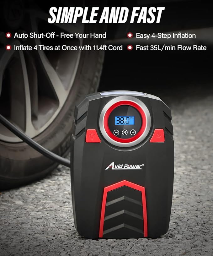 Avid Power 12V DC Air Compressor w/Digital Pressure Gauge, Car Tire Pump w/LED Light, Auto Shut-Off Tire Inflator for Car, Bicycles, Balls and Other Inflatables