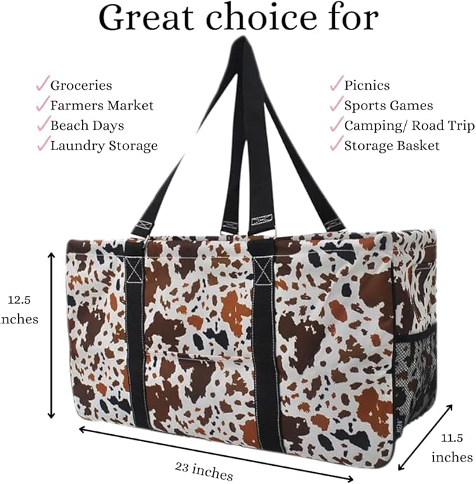 NGIL Extra Large Utility Tote Reusable Grocery Bag Oversized Collapsible for Groceries, Storage, Picnic, Beach (Mocha Cow-Black)