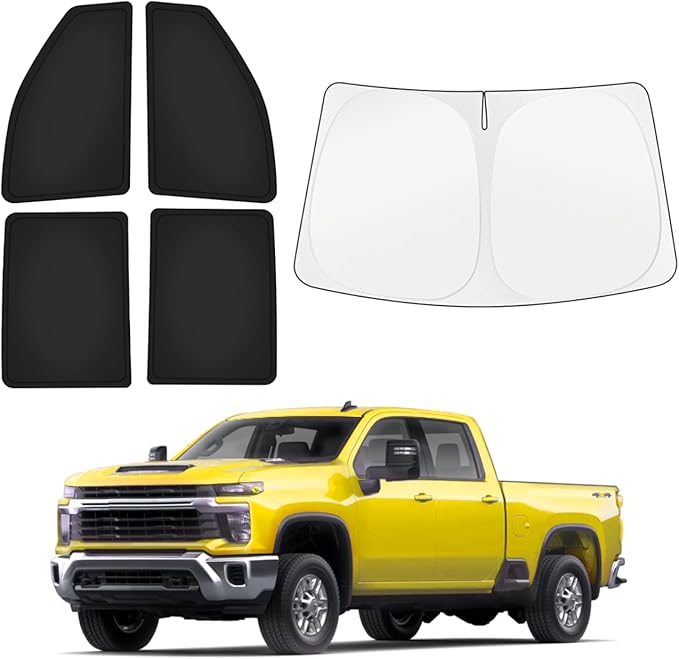 KUST Car Window Shades for Chevy Silverado 2500/3500 (Crew Cab) 2020-2025 2026 Windshield Sun Shade Side Window Cover UV Block Privacy Protection Accessories for Camping Blackout Rear Back Full 5PCS