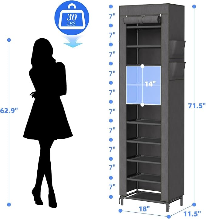 Simple Trending Narrow Shoe Rack with Cover, 10 Tier Shoe Organizer Storage, Tall Free Standing Shoe Cabinet Holds 20 Pairs f