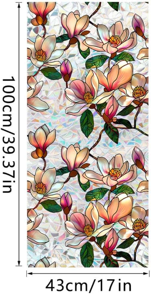 Retro Magnolia Flowers Window Privacy Film,Stained Glass Decals Colorful Floral Privacy Rainbow Decals Living Room Sun Blocking Decor Removable Static Cling Stickers,16.93x39.37inch