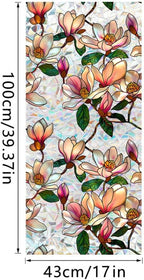 Retro Magnolia Flowers Window Privacy Film,Stained Glass Decals Colorful Floral Privacy Rainbow Decals Living Room Sun Blocking Decor Removable Static Cling Stickers,16.93x39.37inch