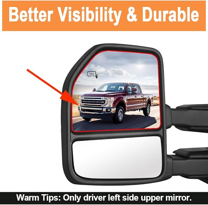 Senzeal Driver Side Heated Upper Mirror Glass Replacement for Ford F150 2015-2020 Ford F250 F350 F450 F550 2017-2022 Tow Mirror FL3Z17K707R (Left Side)