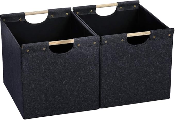 HOONEX Large Collapsible Storage Bins, Linen Fabric, 2 Pack, Storage Baskets with Wooden Carry Handles and Sturdy Heavy Cardb