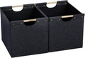 HOONEX Large Collapsible Storage Bins, Linen Fabric, 2 Pack, Storage Baskets with Wooden Carry Handles and Sturdy Heavy Cardb