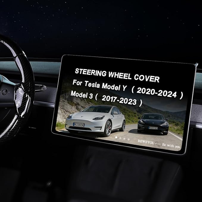 Carbon Fiber Steering Wheel Cover for Tesla Model 3 2017-2023 & Model Y 2020-2024, Anti-Slip Wear-Resistant High Temperature Resistant (Sheen Black)