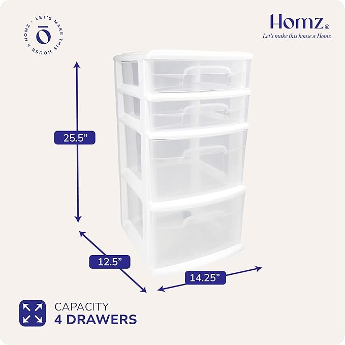 HOMZ Drawer Tower, 4-Tier Clear Plastic Storage Organizer Cart, White Frame – Rolling Containers with Wheels for Bathroom, Be