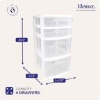 HOMZ Drawer Tower, 4-Tier Clear Plastic Storage Organizer Cart, White Frame – Rolling Containers with Wheels for Bathroom, Be