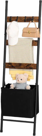 HOOBRO Blanket Ladder with Basket, 17.3”L x 63.4”H, Towel Rack with Hooks, Blanket Holder Rack, Decorative Ladder Shelf, Dryi