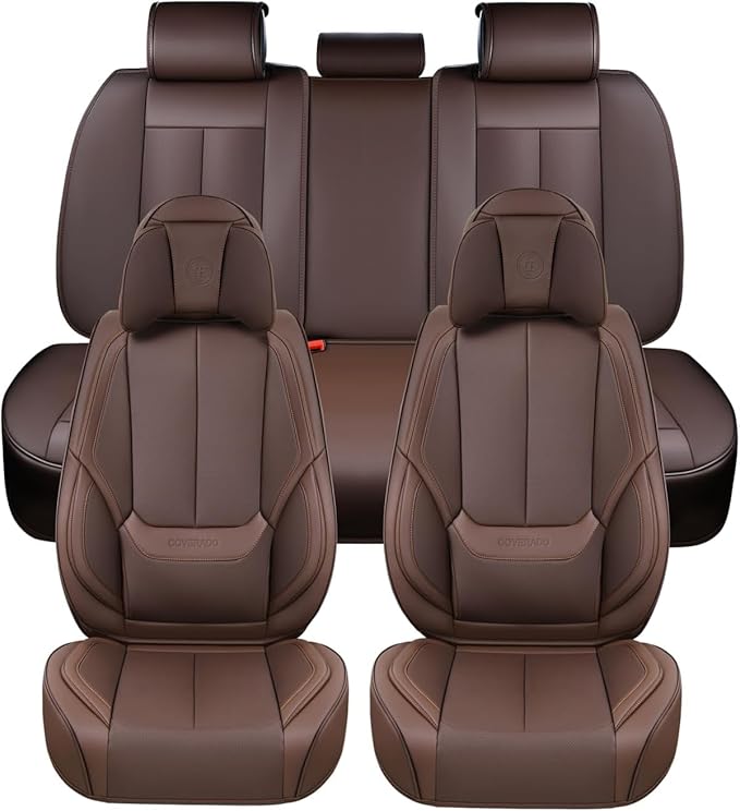 Coverado Front and Back Seat Covers, 5 Pieces Waterproof Nappa Leather Auto Seat Protectors Full Set with Head Pillow, Univer
