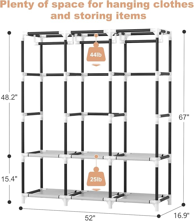 VTRIN Portable Closet for Hanging Clothes 52 Inch Wide Portable Wardrobe Closet with Cover, 6 Storage Shelves and 3 Hanging R