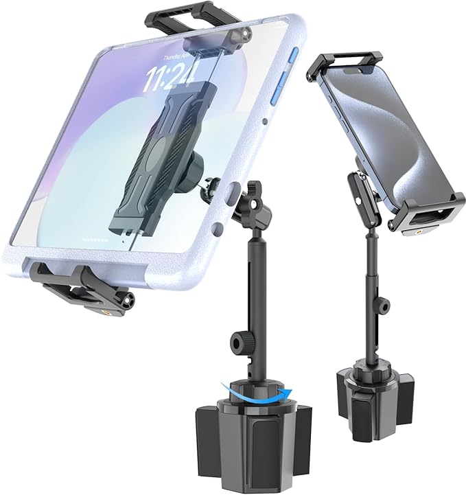 Cup Holder Car Tablet Mount [Thick Case Friendly] Aluminum Long Arm Heavy Duty Cupholder Tablet Mount for Truck/Pickup for Car Accessories, Fits iPad Pro 13/Air/Mini, Galaxy Tab, 5.5-15.6" Devices