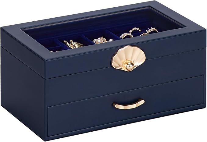 Enthralite Jewelry Box with 1 Drawers: Display Organizer for Earrings Necklaces - Gifts for Girls Women (Dark Blue)