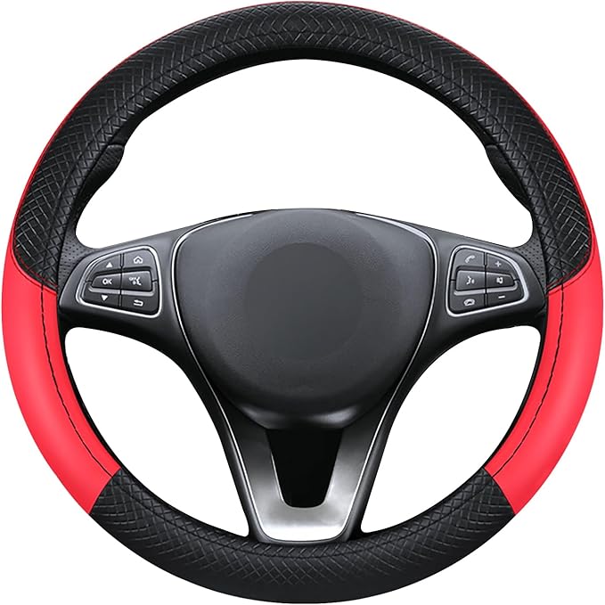 Black & Red Car Steering Wheel Cover, Microfiber, Leather Patchwork, Universal 14.5-15 Inch Leather Anti-Slip Breathable Auto