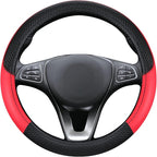Black & Red Car Steering Wheel Cover, Microfiber, Leather Patchwork, Universal 14.5-15 Inch Leather Anti-Slip Breathable Auto