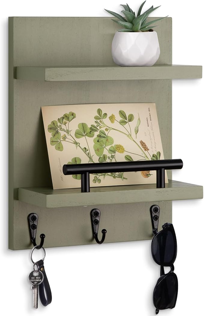 Key Holder Wall Mount, Mail Shelf Decor with 3 Key Hooks, Versatile Wood Wall Organizer for Entryway Hallway (8.2” x 10.6”x 3