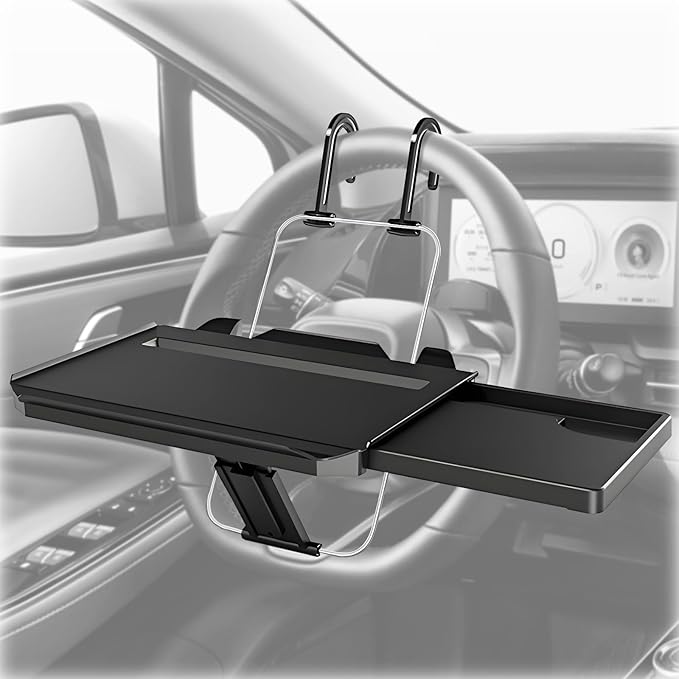 Black 2-in-1 Car Steering Wheel Laptop Holder & Backseat Tray with Adjustable Multipurpose Desk Car Accessories for Eating, Writing, Laptop Work with Cup Holder - Ideal for Constant Travelers