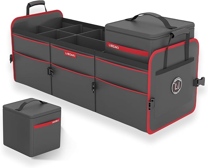 LIBZAKI Car Trunk Organizer,3 Compartments Big Trunk Storage, Large Capacity, Foldable, 95L Heavy Duty Storage Box for Car,