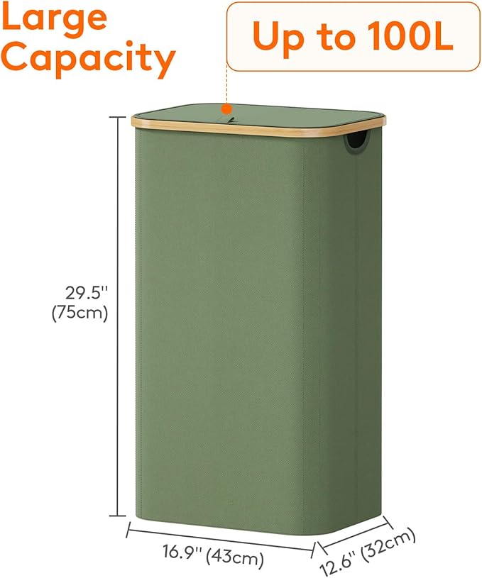 Lifewit 100L Laundry Basket with Lid, Clothes Hampers for Laundry with Bamboo Handles and 1 Removable Bag, Large Foldable Lau