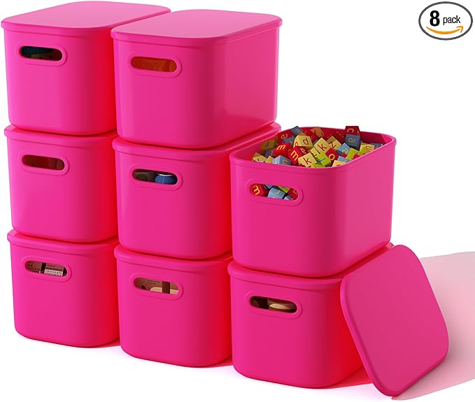 ORGIDOL 8 Pack Pink Storage Bins with Lids Stackable Storage Container for Organizing, Storage Boxes with Handle for Shelves,