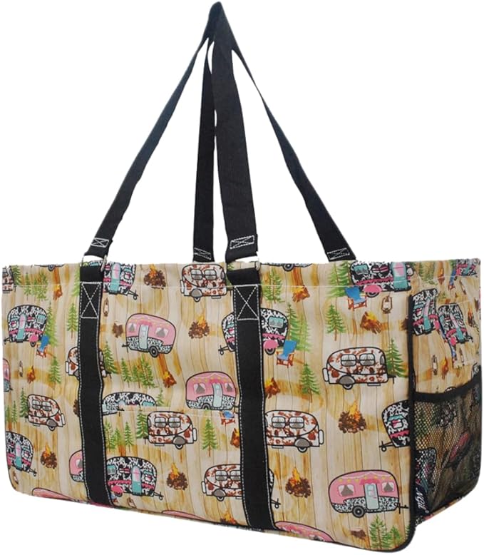 NGIL Extra Large Utility Tote Reusable Grocery Bag Oversized Collapsible for Groceries, Storage, Picnic, Beach (Cute Camper-Black)