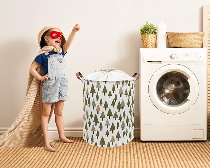 Nursery Laundry Basket Canvas Fabric Baby Boy Storage Bins,Collapsible Woodland Hamper,Waterproof Storage Baskets with Leathe
