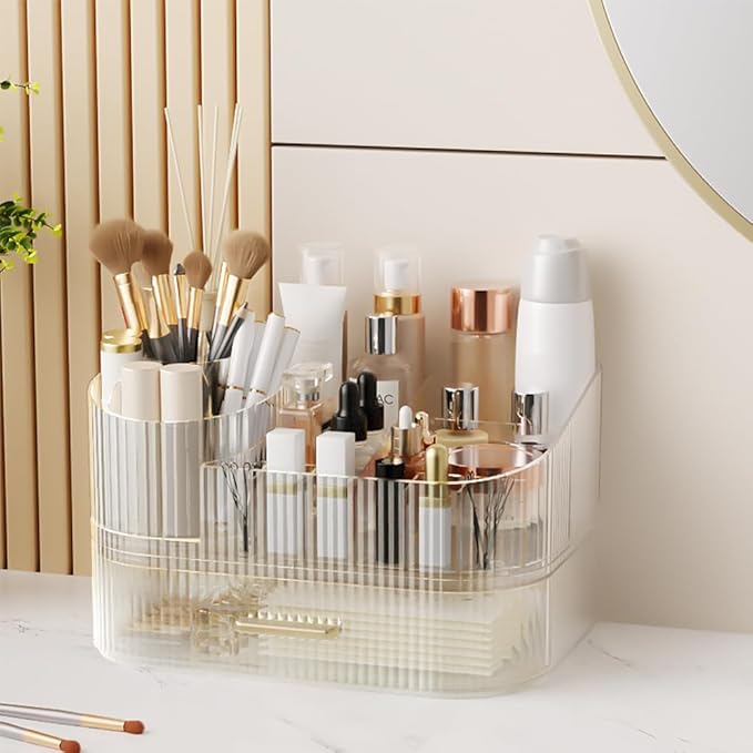 360° Rotating Makeup Organizer with Drawer, Clear Acrylic Cosmetic Storage Display, Stackable Beauty Counter (Clear, Large (T