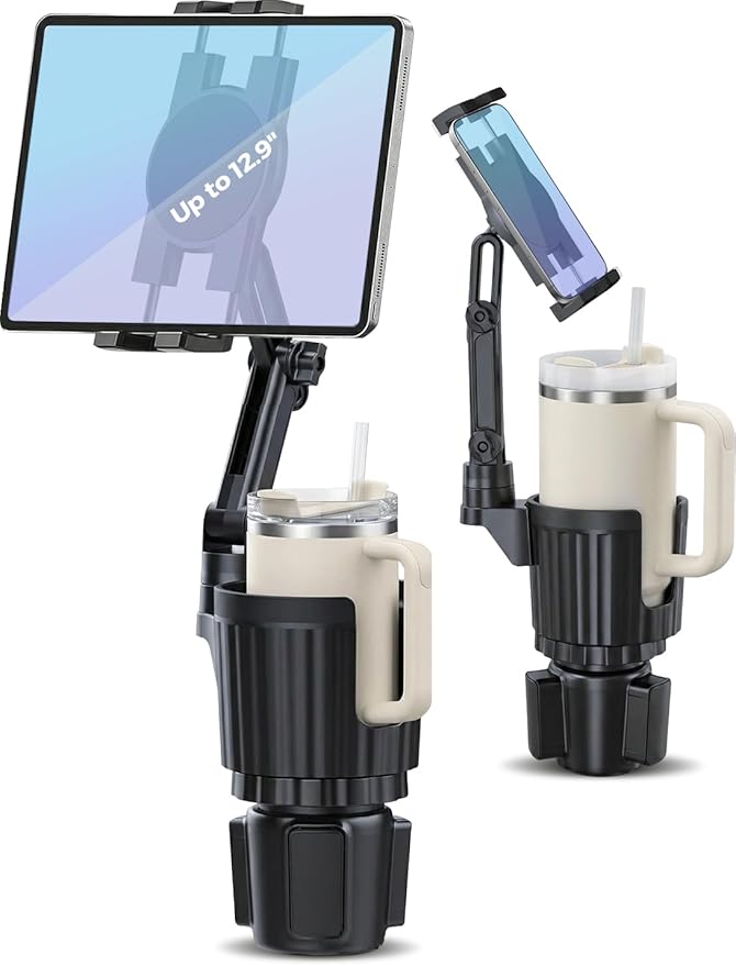 Profortop 2-in-1 Cup Holder Tablet Mount Expander, 2-Section Foldable 15" Height Adjustable Arm & 360° Rotation, Universal Fit for iPad, iPhone, All Smartphones and Most Bottles for Car SUV Truck