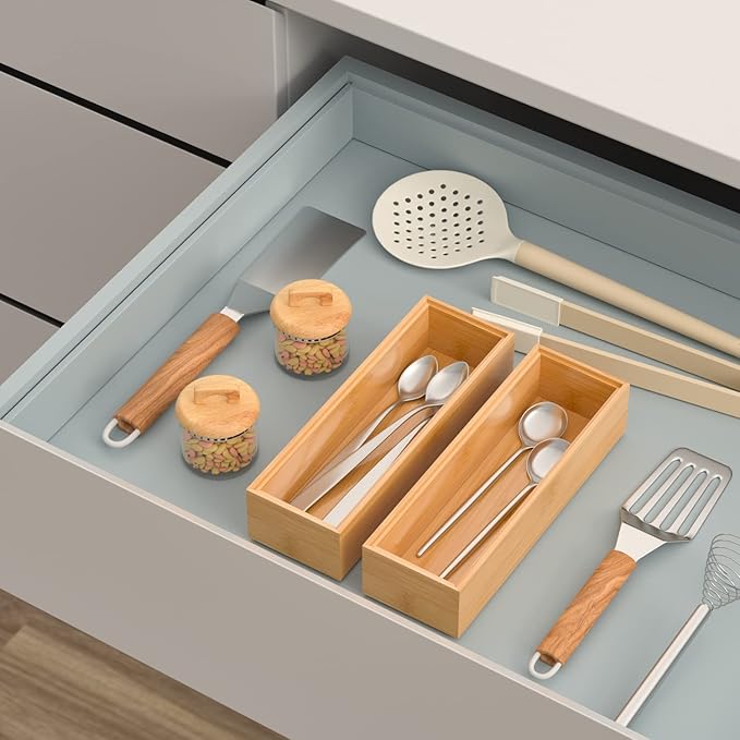 VeyFey Silverware Tray for Drawer, Stackable Kitchen Bamboo Drawer Organizer 9" x 3" x 2" Set of 2
