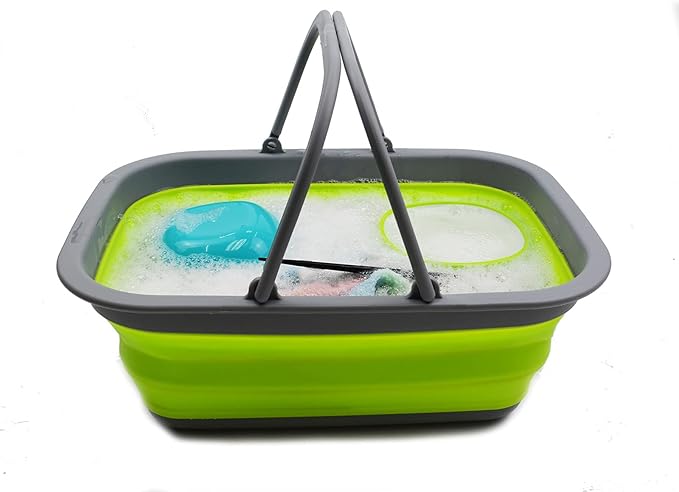 SAMMART 9.2L (2.37Gallon) Collapsible Tub with Handle - Portable Outdoor Picnic Basket/Crater - Foldable Shopping Bag - Space Saving Storage Container (1, Dark Gray/Fluorescent Green)